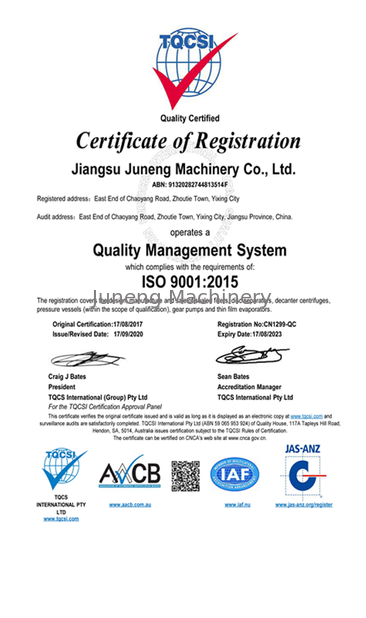 Chine Juneng Machinery (China) Co., Ltd. certifications